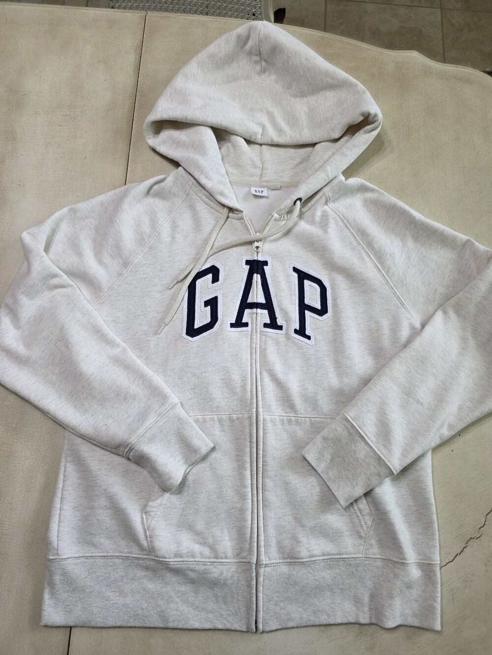 GAP Oatmeal Heathered Arch Logo Full-Zip Hoodie - Size Large